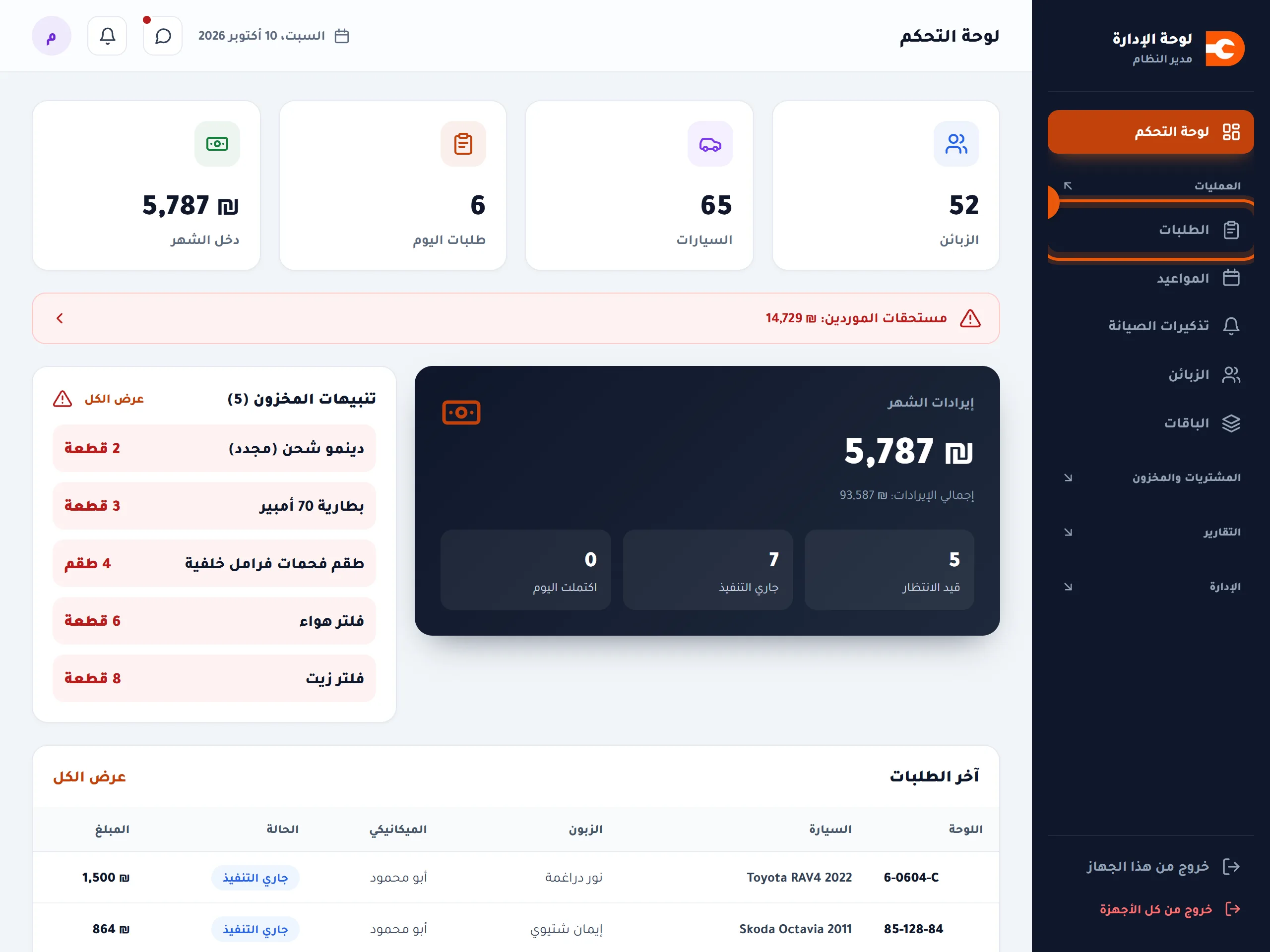 القائمة الجانبية وعليها الطلبات