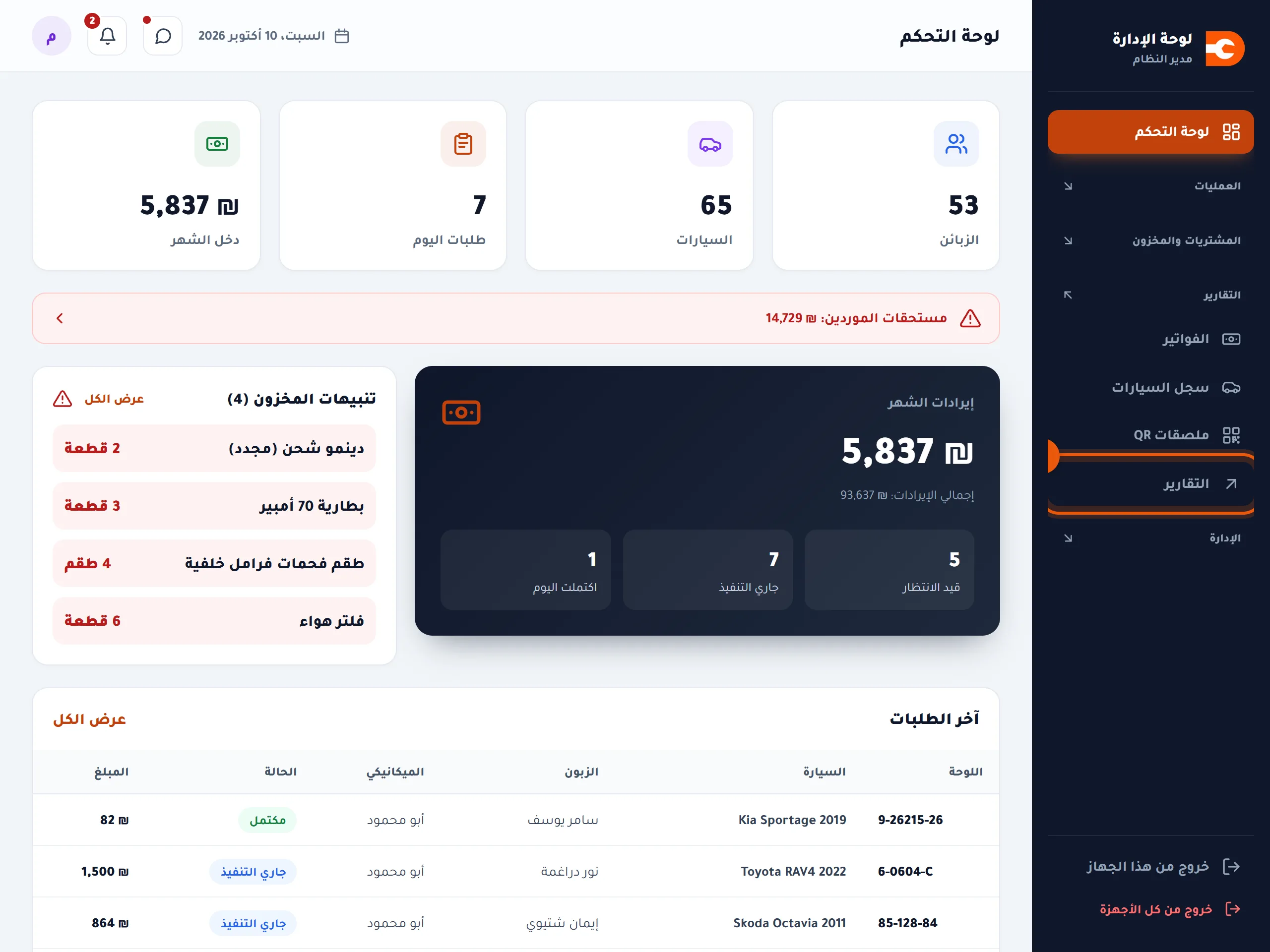 القائمة الجانبية وعليها التقارير