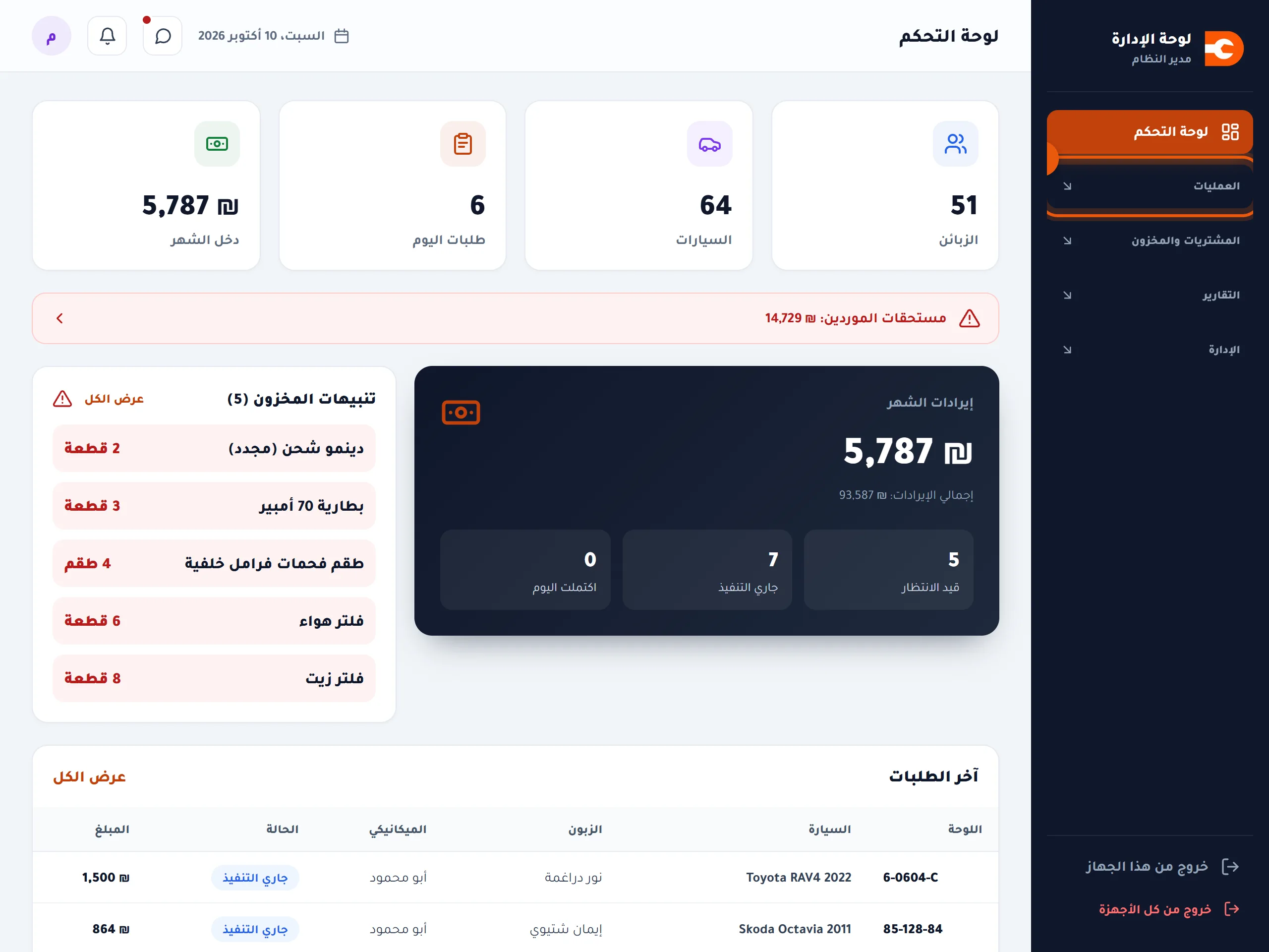 القائمة الجانبية وعليها مجموعة العمليات