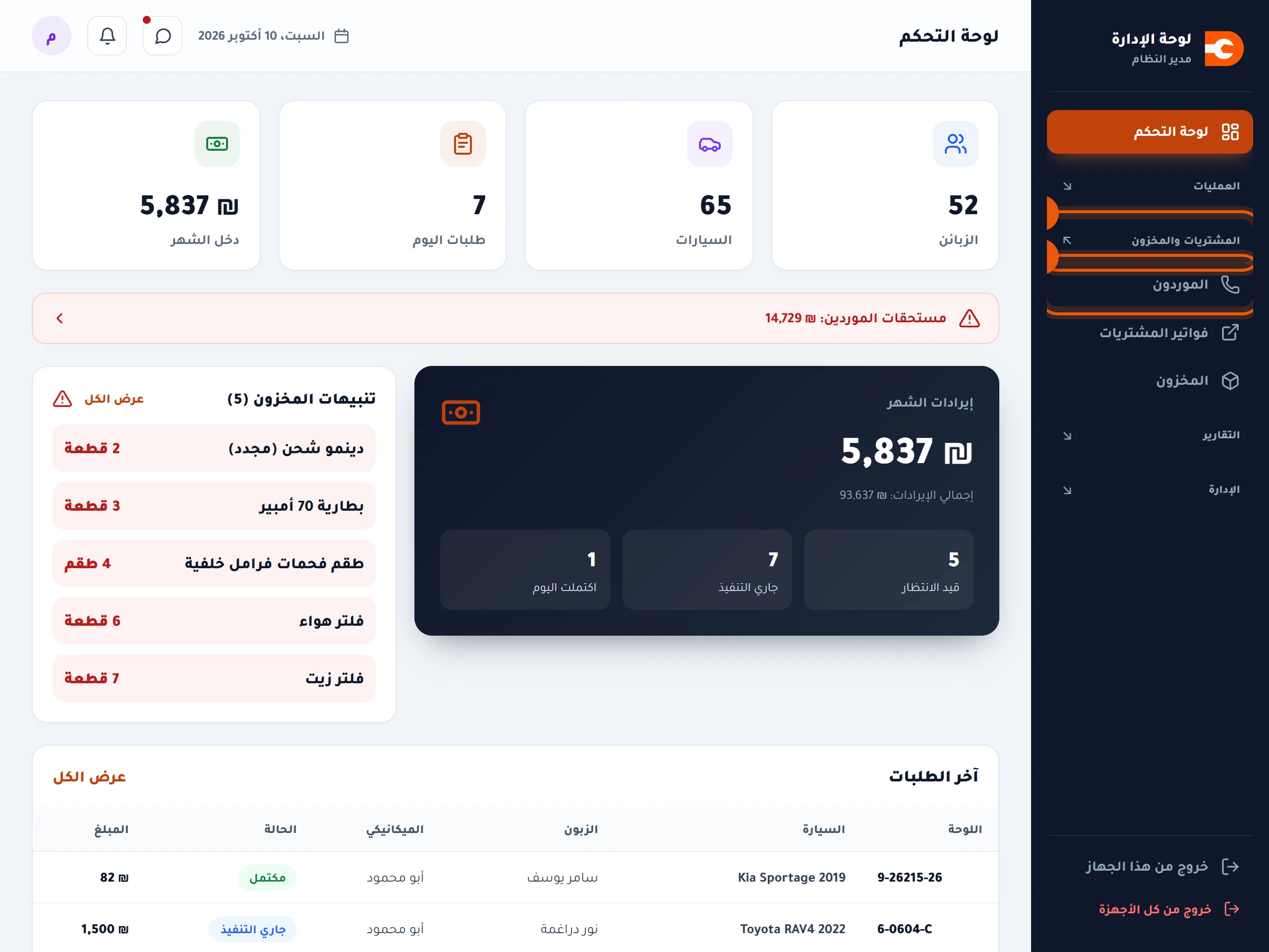 القائمة الجانبية وعليها الموردون